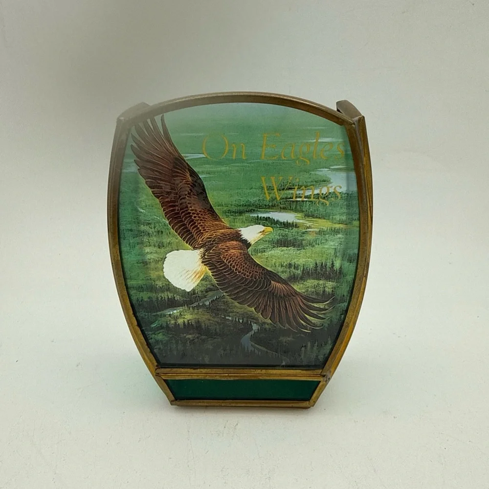 Enesco Stained Glass w/ brass Panel Candle Holder Bald Eagle on Eagles Wings